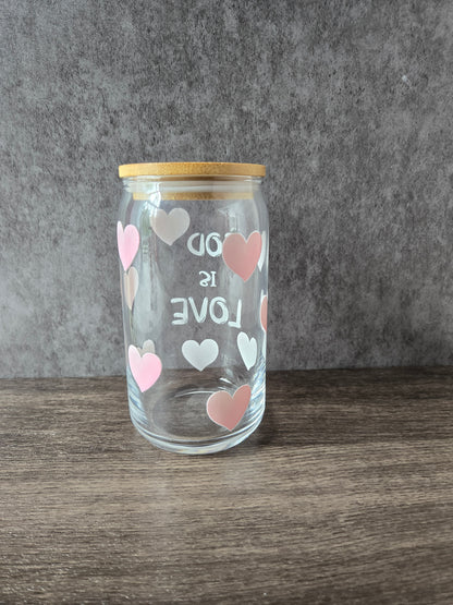 God is love 16oz glass cup with glass straw